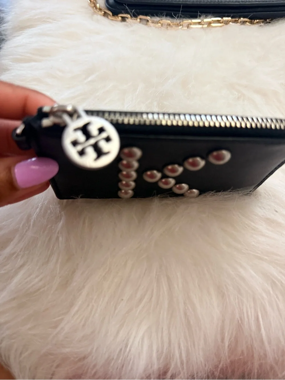 Tory Burch Black Leather Studded 'K' Card Holder Keychain